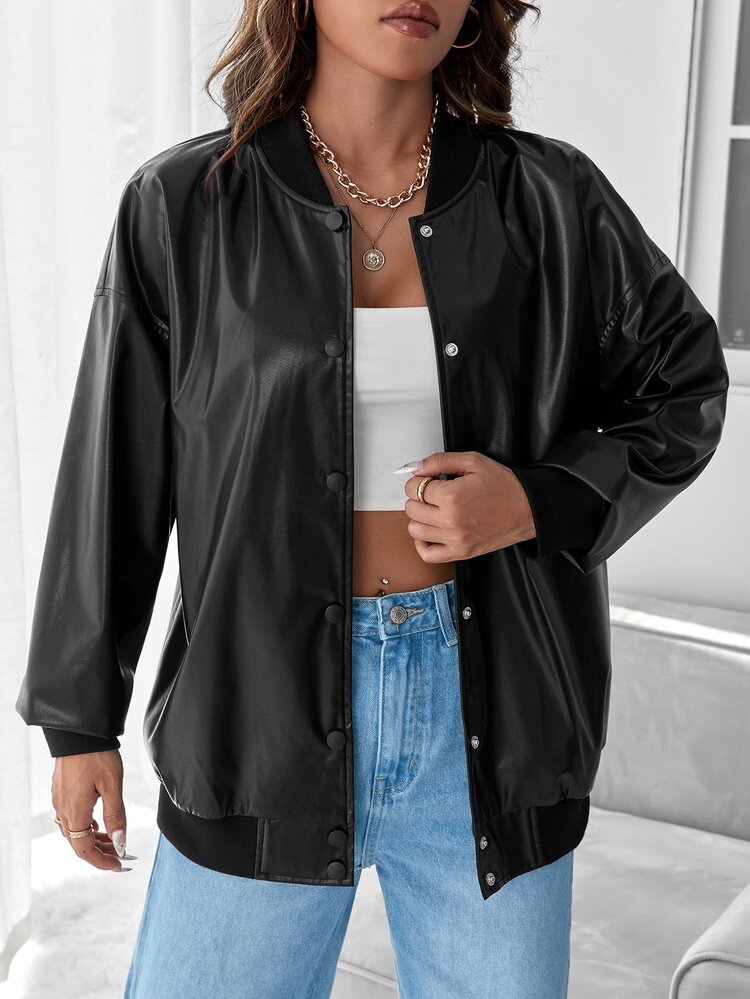 SHEIN EZwear Drop Shoulder PU Bomber Jacket - Black - View 2