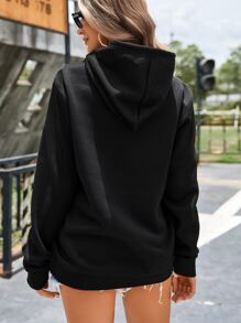 Christmas Print Kangaroo Pocket Drawstring Hoodie - Black - View 2