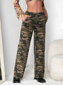 Camo Print Flap Pocket Cargo Jeans - Multicolor - View 3