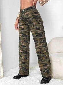 Camo Print Flap Pocket Cargo Jeans - Multicolor - View 4