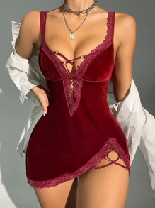 对比色蕾丝系带天鹅绒吊带睡衣睡裙和丁字裤 - 紫紅色 - 查看 1