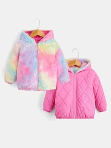 SHEIN 學步女孩1入組雙種紮染連帽絨毛外套