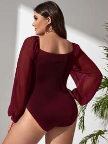 SHEIN Privé 大碼雞心領口燈籠袖前繫帶連身背心 - 紫紅色 - 查看 2