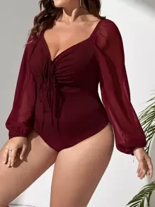 SHEIN Privé 大碼雞心領口燈籠袖前繫帶連身背心 - 紫紅色 - 查看 5