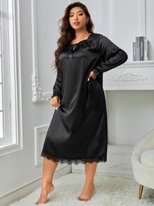 Đầm mặc nhà Kích Thước Lớn Tương phản ren viền lá sen Thắt nơ trước màu trơn Thanh lịch - màu đen - Xem 1