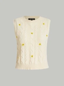 SHEIN MOD Floral Embroidery Cable Knit Sweater Vest Without Blouse - Beige - View 2