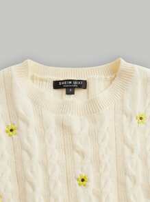 SHEIN MOD Floral Embroidery Cable Knit Sweater Vest Without Blouse - Beige - View 5