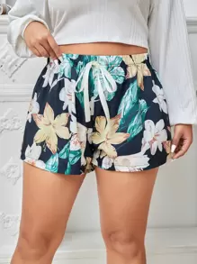 Plus Floral Print Tie Front Sleep Shorts - Multicolor - View 1