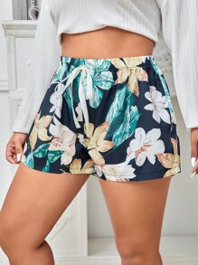 Plus Floral Print Tie Front Sleep Shorts - Multicolor - View 4
