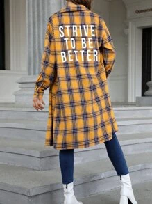 SHEIN Essnce Plaid & Slogan Graphic Drop Shoulder Longline Shirt - Yellow - View 1