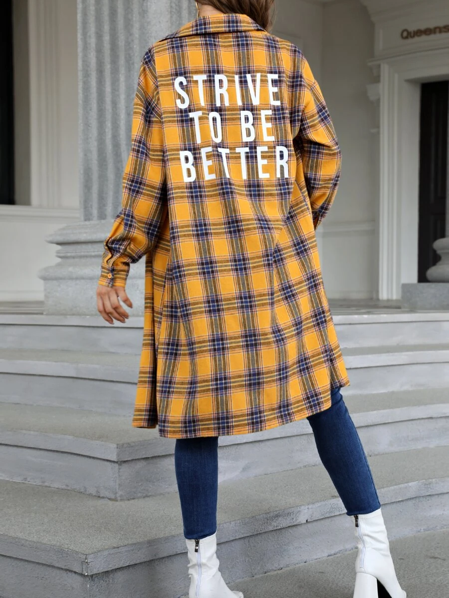 SHEIN Essnce Plaid & Slogan Graphic Drop Shoulder Longline Shirt - Yellow - View 1