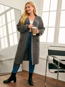 SHEIN LUNE Plus Drop Shoulder Pocket Front Coat - Dark Grey - View 3