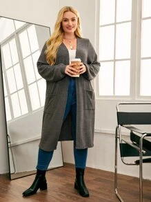 SHEIN LUNE Plus Drop Shoulder Pocket Front Coat - Dark Grey - View 4