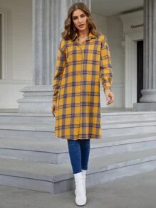 SHEIN Essnce Plaid & Slogan Graphic Drop Shoulder Longline Shirt - Yellow - View 3