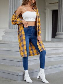 SHEIN Essnce Plaid & Slogan Graphic Drop Shoulder Longline Shirt - Yellow - View 4