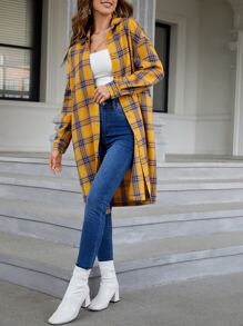 SHEIN Essnce Plaid & Slogan Graphic Drop Shoulder Longline Shirt - Yellow - View 5