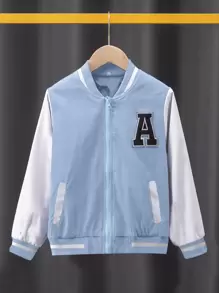 Boys Letter Patched Striped Trim Bomber Jacket - Baby Blue - View 1