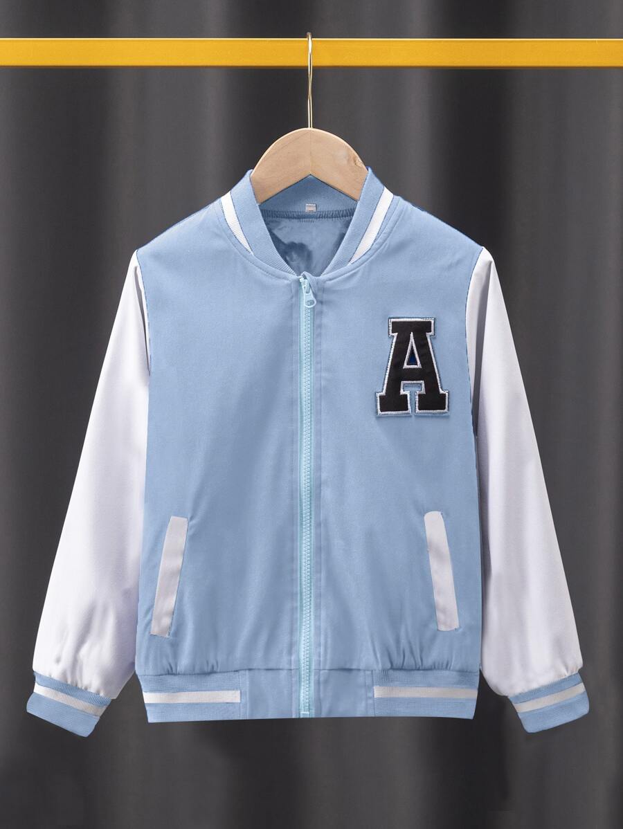 Boys Letter Patched Striped Trim Bomber Jacket - Baby Blue - View 1