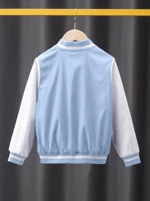 Boys Letter Patched Striped Trim Bomber Jacket - Baby Blue - View 2