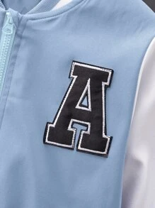 Boys Letter Patched Striped Trim Bomber Jacket - Baby Blue - View 3