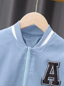 Boys Letter Patched Striped Trim Bomber Jacket - Baby Blue - View 5