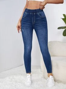 SHEIN Essnce Elastic Waist Skinny Jeans - Dark Wash - View 1