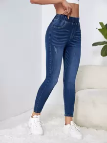 SHEIN Essnce Elastic Waist Skinny Jeans - Dark Wash - View 4