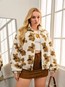SHEIN Qutie Plus Bear Pattern Drop Shoulder Teddy Jacket - Multicolor - View 3