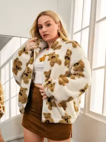 SHEIN Qutie Plus Bear Pattern Drop Shoulder Teddy Jacket - Multicolor - View 5