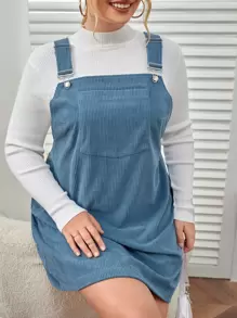 SHEIN EZwear Plus Patched Pocket Pinafore Dress Without Tee - Dusty Blue - View 1