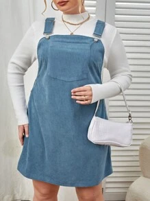 SHEIN EZwear Plus Patched Pocket Pinafore Dress Without Tee - Dusty Blue - View 4