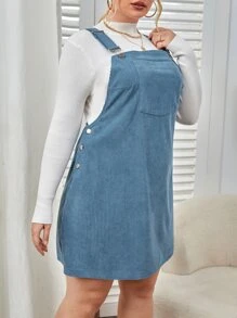 SHEIN EZwear Plus Patched Pocket Pinafore Dress Without Tee - Dusty Blue - View 5
