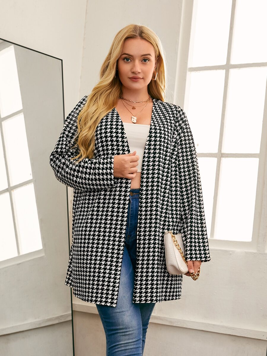 SHEIN LUNE Áo khoác cỡ lớn răng cưa Thanh lịch - Đen và trắng - Xem 1