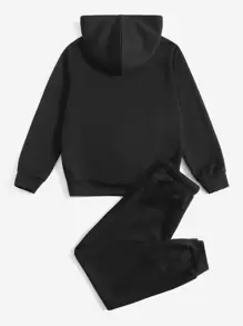 SHEIN Leap Crew 青少年男孩字母圖形連帽衛衣和運動長褲 - 黑色 - 查看 2