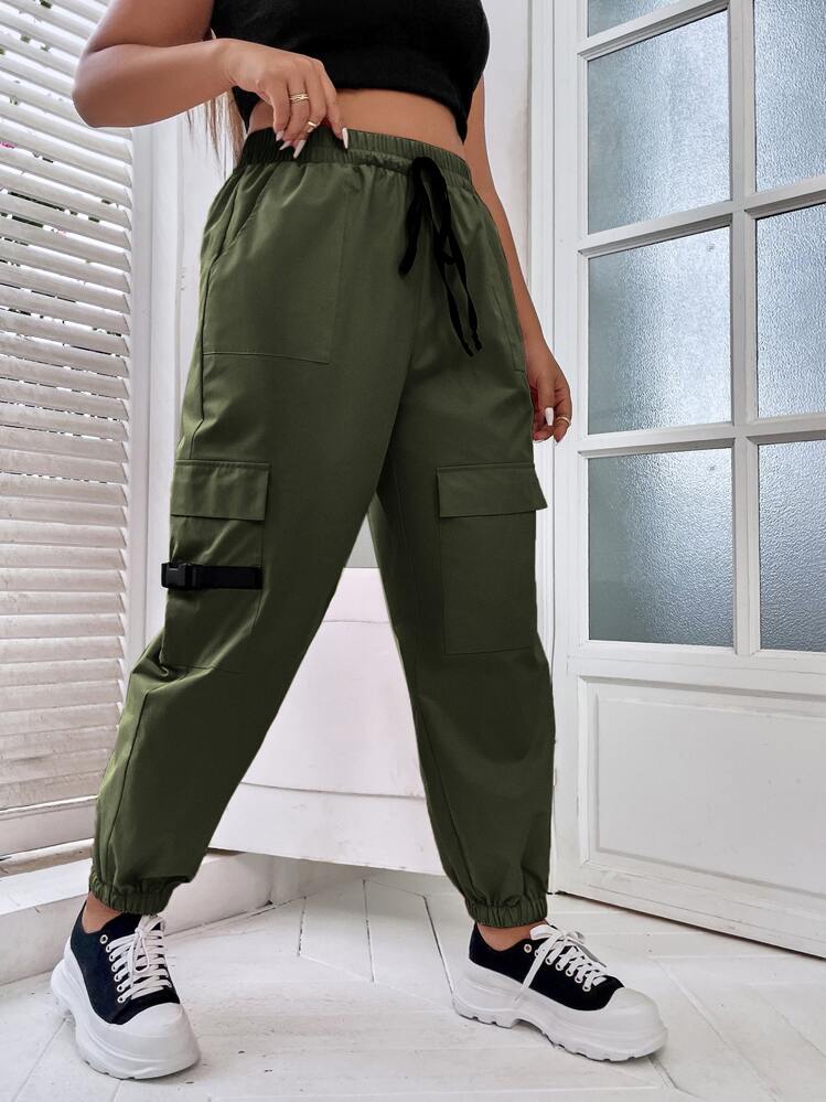 Flirla Quần Plus Size Dây kéo Túi màu trơn Giải trí - xanh quân đội - Xem 1
