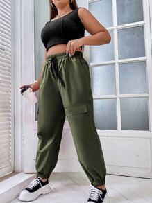 Flirla Quần Plus Size Dây kéo Túi màu trơn Giải trí - xanh quân đội - Xem 5