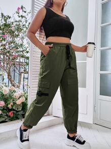 Flirla Quần Plus Size Dây kéo Túi màu trơn Giải trí - xanh quân đội - Xem 6