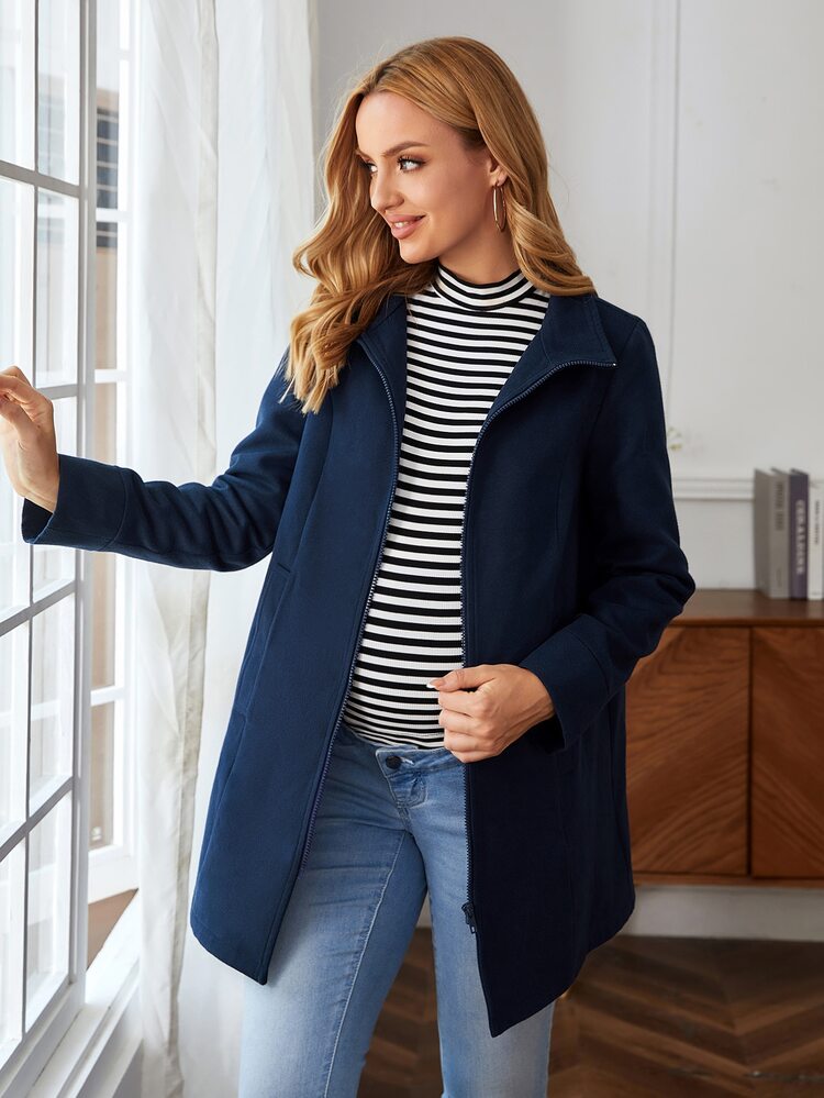 SHEIN 孕婦拉鏈開襟素色嬰兒袋鼠外套 - 藏蓝色 - 查看 4