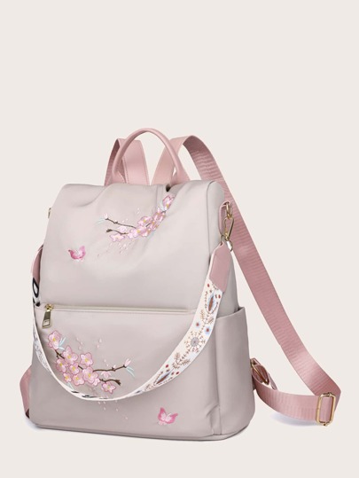 Mochila con bordado floral de uso dual de hombro para mujer, mochila informal con bolsillo delantero de estilo universitario, ligera y a prueba de agua para la escuela, bolsa clásica, bolsa de hombro portátil para exteriores, viajes y campus universitario, útiles escolares, mochila escolar, de vuelta a la escuela