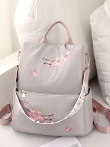 Women's Floral Embroidery Backpack Shoulder Dual-Use Casual Backpacks, Fashion Front Pocket Preppy Style Lightweight Back Pack Waterproof For School Classic Bag, Portable Shoulder Bags For Outdoors Travel & College Campus, School Supplies,School Backpack,Back To School,