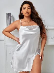 大碼蕾絲拼接垂領高開叉緞面吊帶睡裙 - 白色 - 查看 1