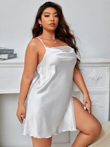 大碼蕾絲拼接垂領高開叉緞面吊帶睡裙 - 白色 - 查看 4
