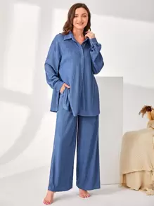 SHEIN Unity Drop Shoulder Split Hem Sleep Shirt - Blue - View 1