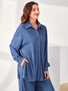SHEIN Unity Drop Shoulder Split Hem Sleep Shirt - Blue - View 3