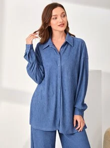 SHEIN Unity Drop Shoulder Split Hem Sleep Shirt - Blue - View 5