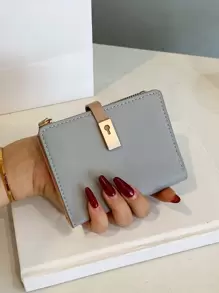 Metal Decor Small Wallet Credit Card Small Purse ID Window Slim Women Wallet Portable, Money, Cash White-Collar Workers, For Female College, Work, Business, Commute, Office, For Anniversary, For Couple, For Birthday Gift, On Valentine Day Gift, Gift - Grey - View 1