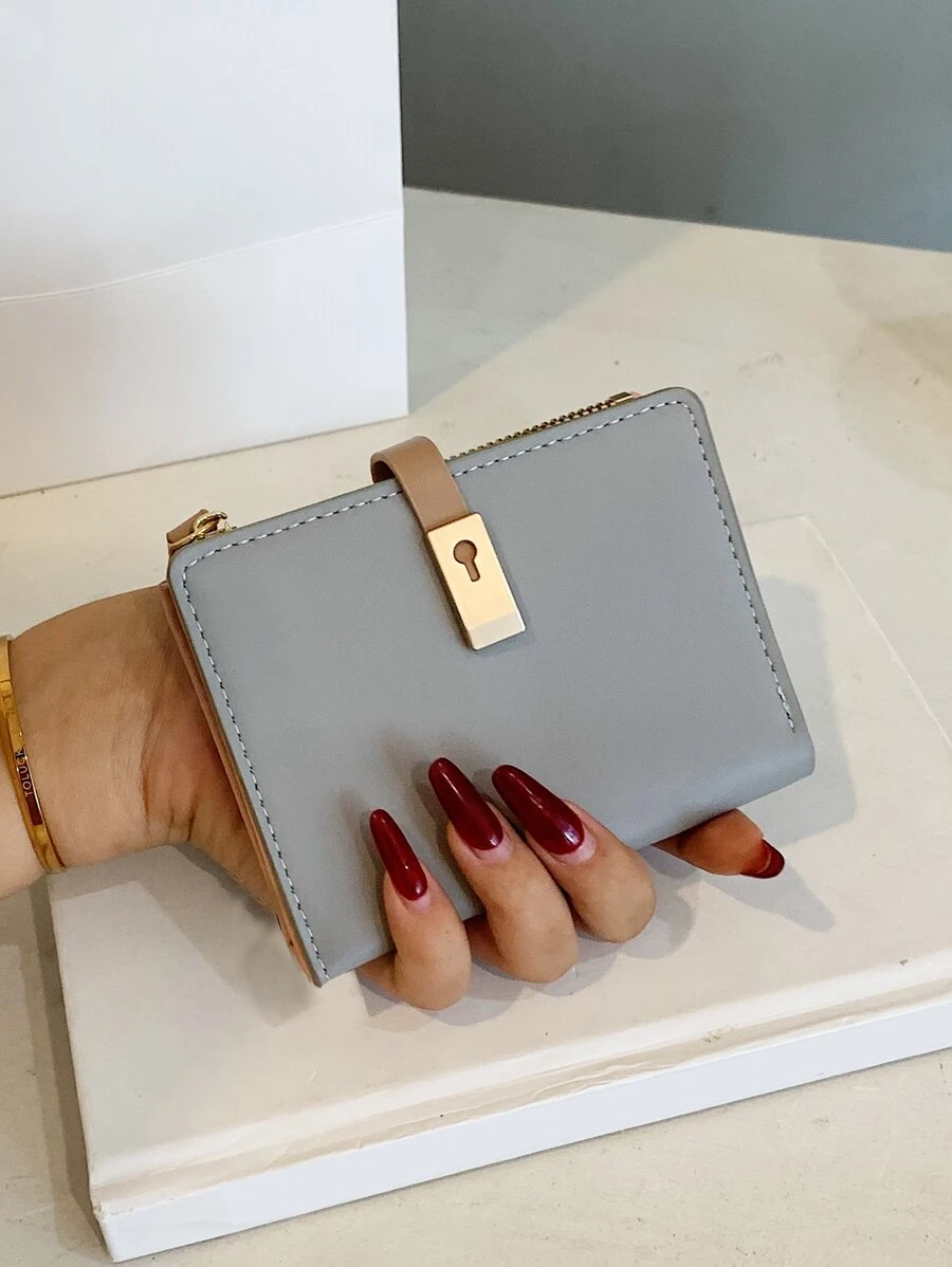 Metal Decor Small Wallet Credit Card Small Purse ID Window Slim Women Wallet Portable, Money, Cash White-Collar Workers, For Female College, Work, Business, Commute, Office, For Anniversary, For Couple, For Birthday Gift, On Valentine Day Gift, Gift - Grey - View 1