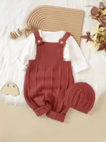 Baby Girl Crisscross Back Knit Jumpsuit & Hat Without Tee - Burgundy - View 1