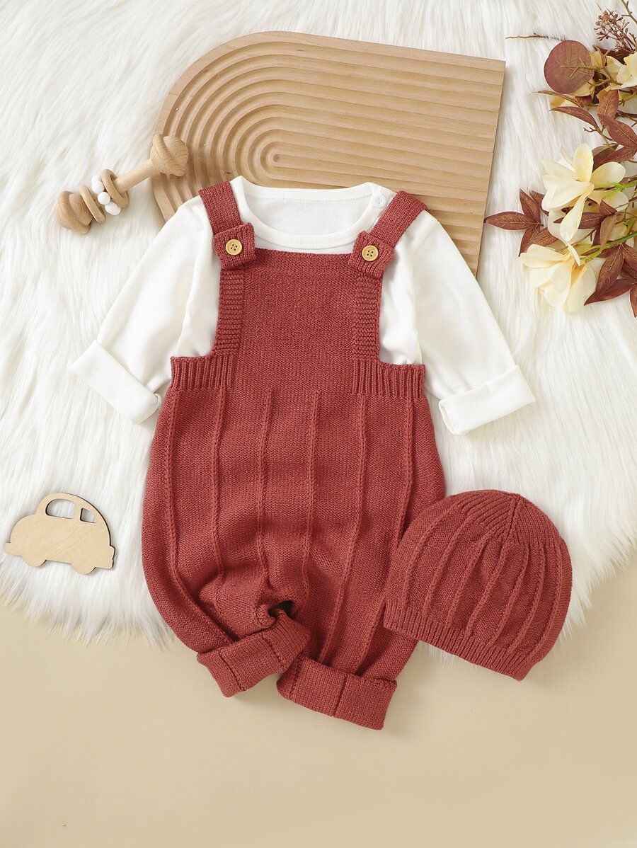 Baby Girl Crisscross Back Knit Jumpsuit & Hat Without Tee - Burgundy - View 1