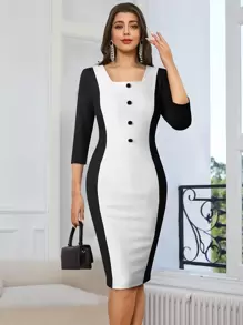 Two Tone Button Front Bodycon Dress - Black and White - View 1